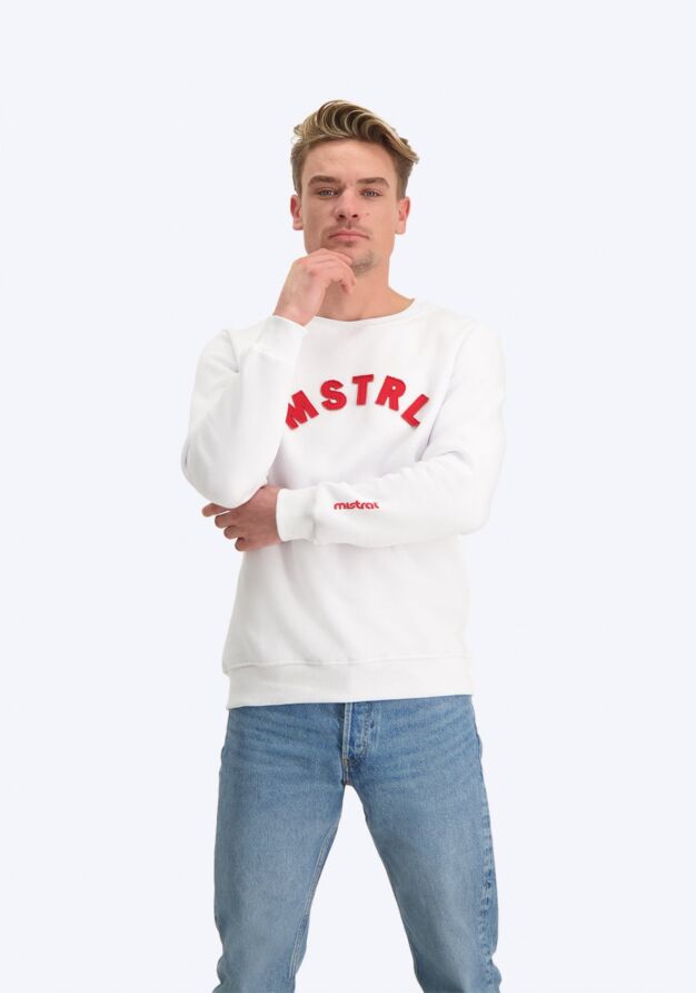 Mistral Ravello Sweatshirt mit Rundhalsausschnitt – Weiß. Rote Sweatshirts Unisex für Männer und Frauen weiß-rotes Logo Vorderseite