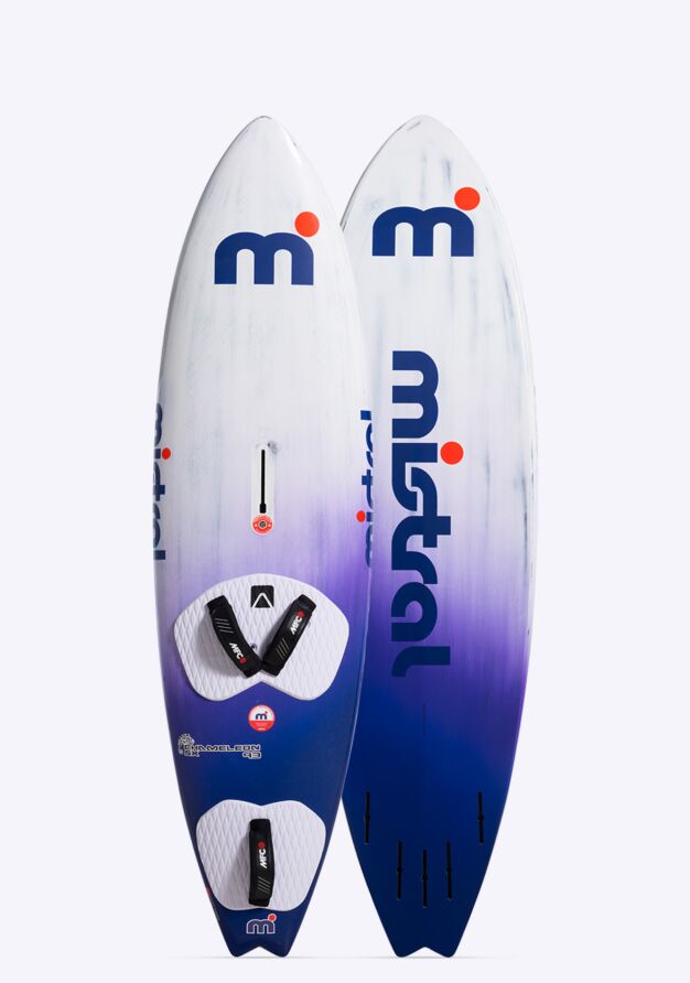 Mistral Chameleon SX ( Custom ) 93L – Wave - Windsurfbrett Windsurfbrett Zonda Segel 93 Liter blau lila weiß Vorder und Rückseite