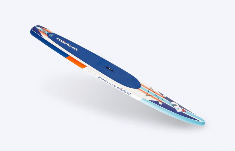 Mistral Emotion 14'0 aufblasbar – SUP / Cruising / Einstiegsrennen – Komplettset Aufblasbares SUP Board Blau orange vorne und seitlich