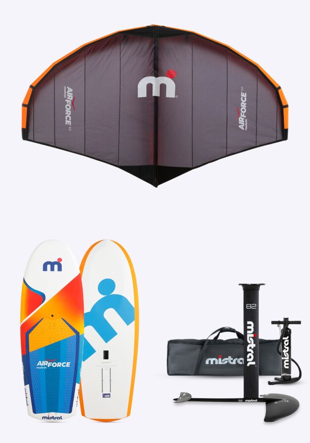 Mistral Tempest 90L Wing Foil Board + Sabre Mistral 1700 Hydrofoil + 5M Wing Foil Set Wingfoil 90 Liter 5 Meter Blau Orange Weiß Grau Orange Komplettset Übersicht