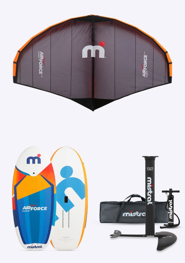 Mistral Rapide 80L Wing Foil Board + Sabre 1400 Hydrofoil + 5M Wing Foil Set Wingfoil 80 Liter 5 Meter Blau Orange Weiß Grau Orange Komplettset Übersicht