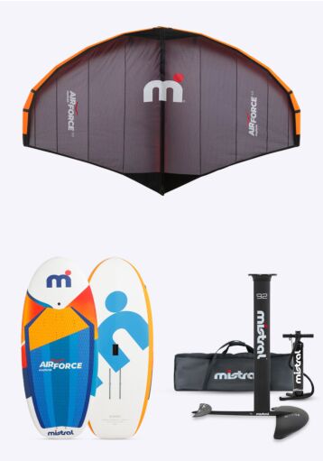 Mistral RAPIDE 80L WING FOIL BOARD + SABRE 1400 HYDROFOIL + 5M WING Foil set Wingfoil 80 liter 5 meter Blue orange white grey orange complete set overview 