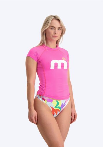 Mistral Short Sleeve Miami Lycra Woman - Pink fluor lycra's white pink logo Pink fluor side front