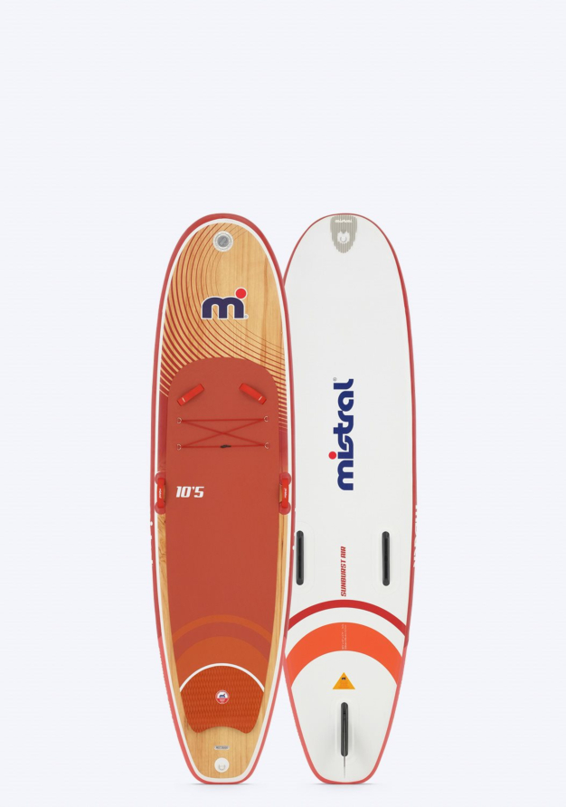 Mistral Sunburst Air 10'5 aufblasbar - SUP / Wingsurf / Familie - Set Aufblasbares SUP Board Orange Holz Vorder und Rückseite