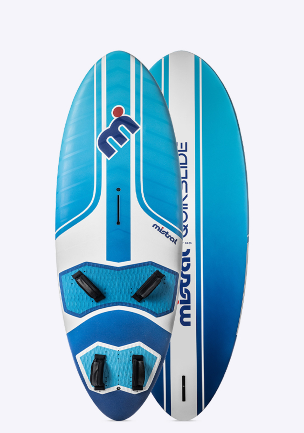 Mistral Quikslide 130L – Freeride - Hybrid - Windsurfbrett Windsurfbrett 130 Liter blaue Vorder und Rückseite