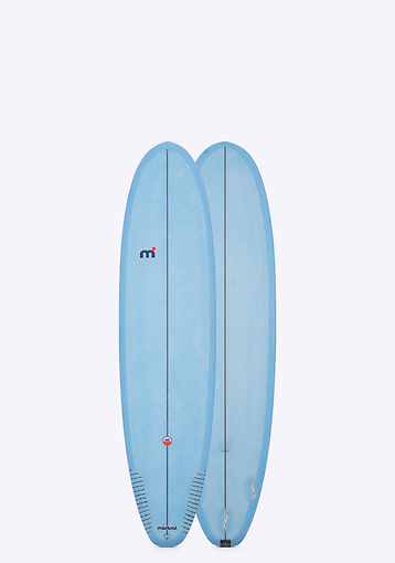 Mistral Marea 7'10 Mini Mal Kundenspezifisches Surfbrett aus Hartfaserplatte handgeformt von Fabio Giacomini in Italien blaue Vorder- und Rückseite