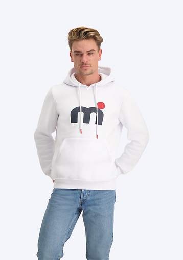 Mistral Sorrento Classic Soft Touch Hoody – Weiße Kapuzenpullover für Männer und Frauen schwarzes rotes Logo weiße Vorderseite